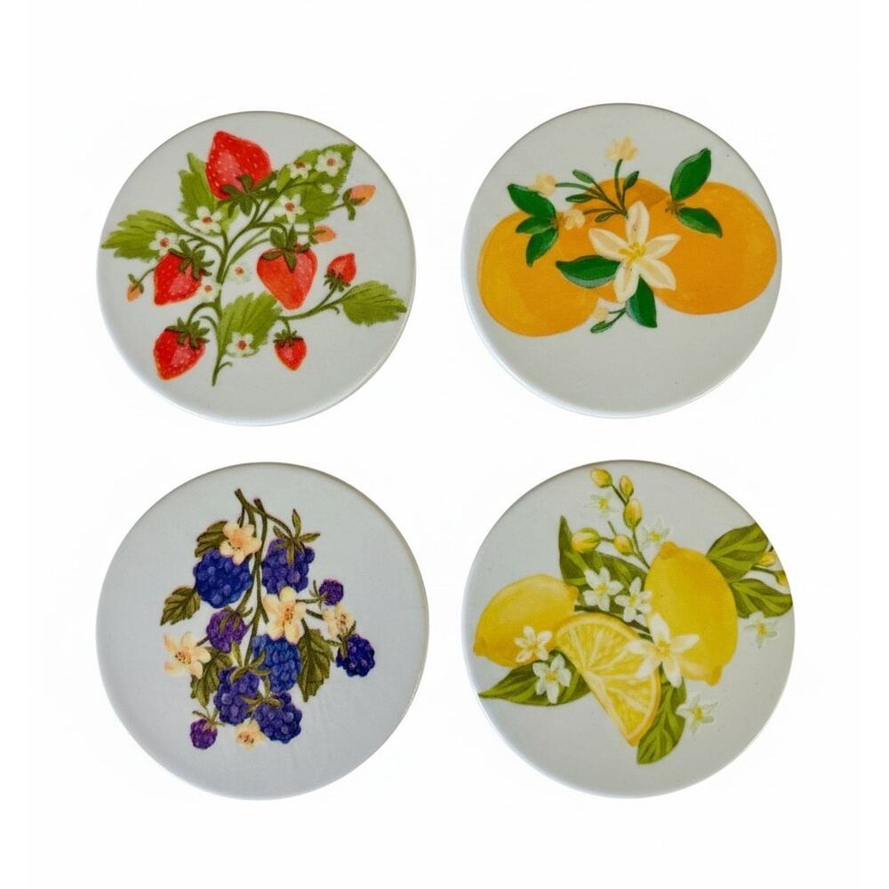 Round Botanical Fruit Ceramic Coasters | Set of 4 | Cottagecore Decor & Gift - Picture 2 of 3
